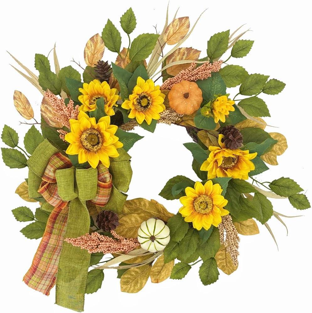 20 Inch Fall Wreath for Front Door, Sunflower Autumn Wreath with Pumpkins and Bow for Thanksgiving Farmhouse Home Window Wall Office Wedding Indoor Outdoor Decorations (Yellow)