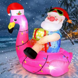 Hawaiian Christmas Santa on Flamingo Inflatable Decoration 5ft Tropical Santa Blow up Beach Christmas Inflatable Outdoor Decor with LED Light Xmas Flamingo Pool Floating for Outside Holiday Garden