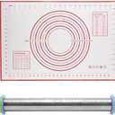 Rolling Pin and Silicone Baking Pastry Mat Set, Stainless Steel Dough Roller with Adjustable Thickness Rings, for Pizza, Pie, Pastries, Pasta, Cookies (Red)