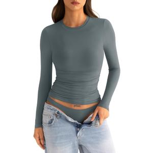EasyGala Womens Double Lined Long Sleeve Shirts Crewneck Ruched Top Tight Fitted Basic Tee Fall Going Out Outfits 2026 (Gray, M)