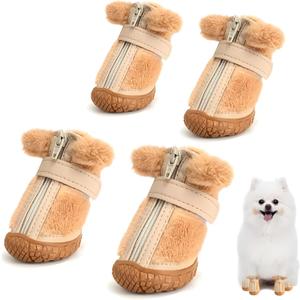 Dog Shoes for Small Dogs, Fleece Dog Boots Paw Protector for Comfort and Warmth, Dog Booties with Anti-Slip Sole for Winter Snow Hardwood Floors Walking Brown Size 2, #2 (Width 1.29 inch) for 6.6-11.0 lbs