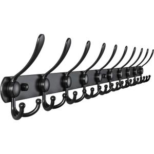 Dseap Coat Rack Wall Mount - 38 Long 10-Tri-Hooks Heavy Duty Coat Hanger Rail Wall Hooks for Hanging Coats Hats Clothing Clothes Purse Mudroom Entryway, Black