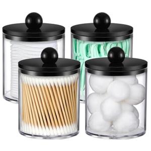 4 Pack Acrylic Qtip Holder Dispenser for Cotton Swabs, Balls, Pads, Floss - Plastic Canister Apothecary Jar Set, Bathroom Essentials Accessories Decor Vanity Makeup Storage Organizer - Clear & Black