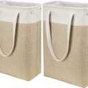 Laundry Hampers Tall Slim Laundry Baskets Thin Foldable Clothes Narrow Hamper for Laundry Storage Organizer Collapsible Hamper with White and Brown Imitated Burlap Patchwork,QY-SC24-2 (Beige + Khaki)