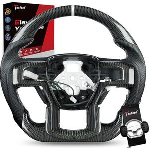 Real Carbon Fiber Steering Wheel Heated for F150 Raptor Gen 2 (2017-2020), D-Shape, Nappa Leather with White Stripe & Stitching, Matching Trim Piece, for Raptor with Paddle Shifters Models
