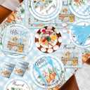 Hello Fall Decorations Tableware, 142 Pcs Blue Plaid Fall Pumpkin Decorations includes Pumpkin Plates and Napkins, Hello Fall Plates and Napkins for Harvest Blue Thanksgiving Decorations