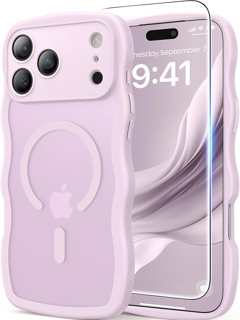 Magnetic for iPhone 17 Pro Max Case, Cute Wavy [Full Camera Protection][Fit for MagSafe] 1X Screen Protector+1X Wrist Strap, Trendy Matte Women Girly Case for iPhone 17 Pro Max 6.9", Grayish pink