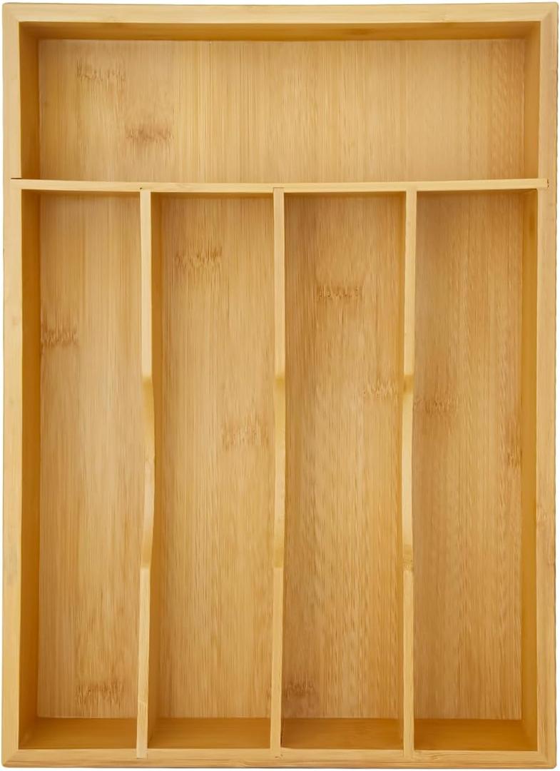 Xoudsdeu Bamboo Silverware Organizer for Drawer, Utensil Organizer, Cutlery Holder and Utensil Tray with Drawer Dividers for Kitchen Flatware Orgazier (5 Slots)