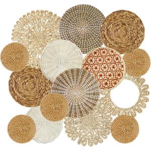 15 Pcs Boho Wall Basket Decor Handcrafted Seagrass Woven Wall Basket Rustic Round Woven Hanging Art for Home Farmhouse Kitchen Table Living Room(Fresh Style)