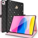 for iPad 10.2 Case 9th/8th/7th Generation (2021/2020/2019), Crown Bling Diamond Cute Elegant PU Leather Smart Auto Sleep/Wake Stand Shockproof Protective Case for Apple iPad 10.2 inch (Black)