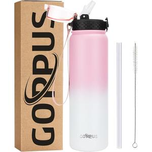 GOPPUS 32 oz Sports Water Bottle 1 Liter Double Wall Insulated Stainless Steel Water Bottles with Straw Lid Reusable Leak proof Metal water bottles with Strap Handle(Pink White 1 lid)