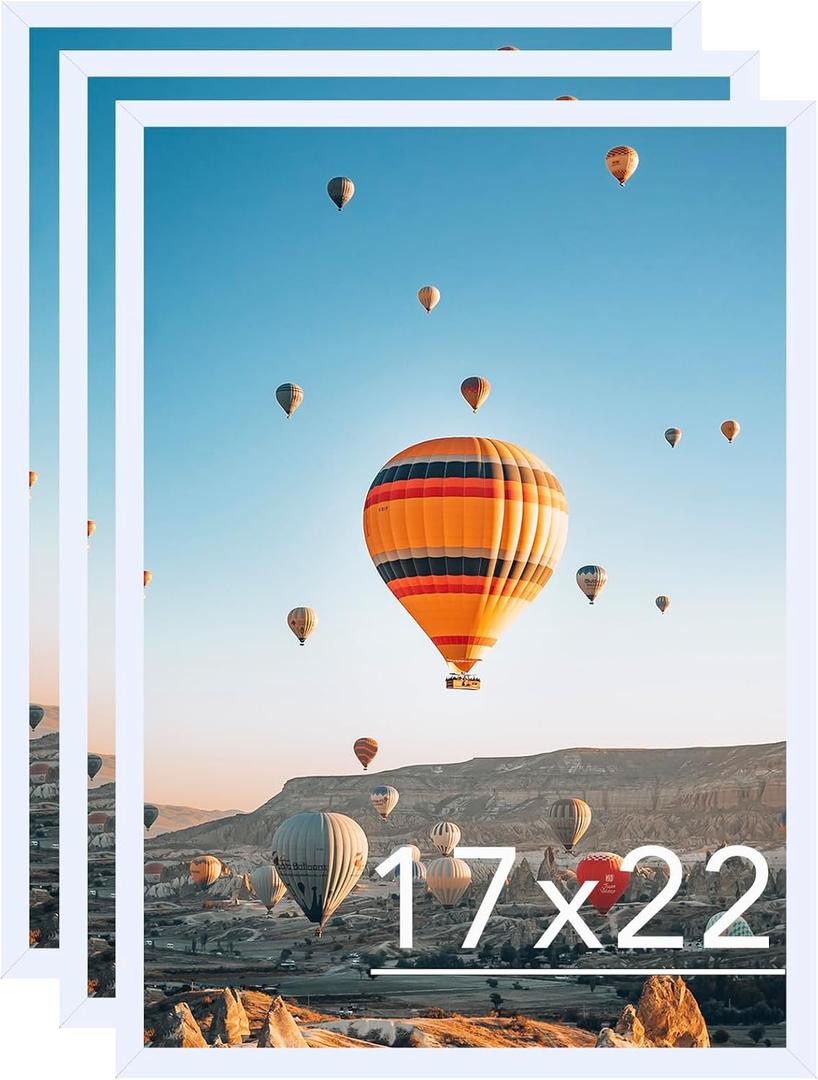 JCJMY 17x22 Picture Frame Set of 3 White for Poster Photo Picture, Horizontal and Vertical Formats for Wall Hanging, 17 x 22 Wall Gallery Poster Photo Frame for 17 by 22 Photos Posters, 3 Pack, White