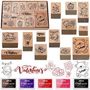 Woanger 15 Pcs Valentine's Day Wooden Rubber Stamps and Craft Ink Pads Card Stamps Pads Wooden Rubber Stamp for Scrapbooking DIY Paper Wood Fabric Valentine Holiday