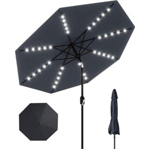 GarveeLife 10 ft Patio Umbrella with Solar Lights, 8 Ribs Outdoor Market Table Umbrella with 40 LED Lights & Tilt Crank for Pool, Deck, Backyard, Gray