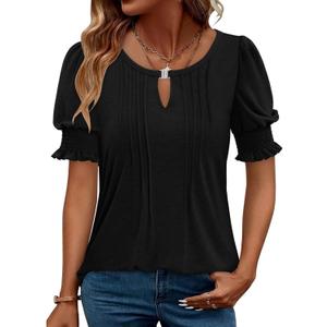 CRAZY GRID Women's Dressy Casual Top Puff Sleeve Summer Shirt Loose Trendy Pleated Blouse (Medium)