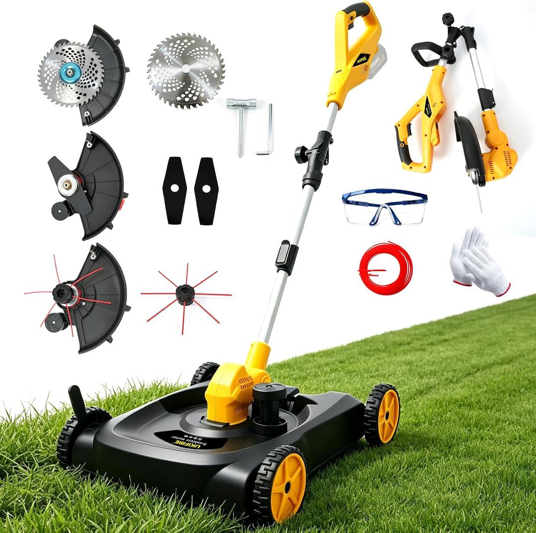Cordless Lawn Mower (Compatible with DEWALT Battery), 1000W Brushless String Trimmer & Wheeled Edger Combo Kit, with 3-Position Cutting Height & LCD Display, Electric Weed Wacker for Garden(Tool Only)