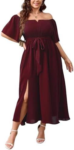 SCOMCHIC Womens Plus Size Formal Dresses Off The Shoulder Wedding Guest Cocktail A-Line Split Maxi Dress with Pockets, Burgundy 2XL