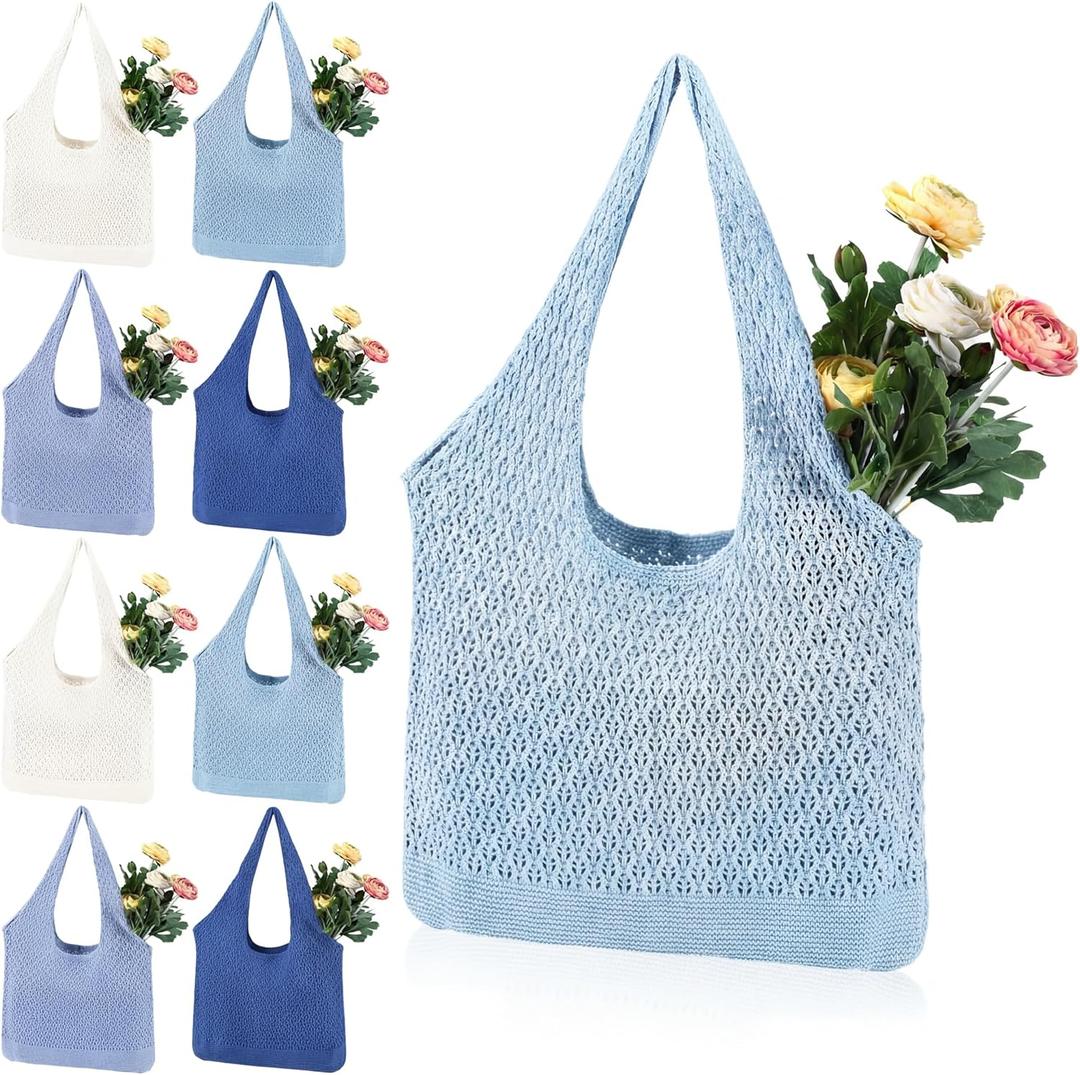 Mesh Beach Bag Crochet Tote Bag Straw Crochet Purses for Women Raffia Tote (Blue)