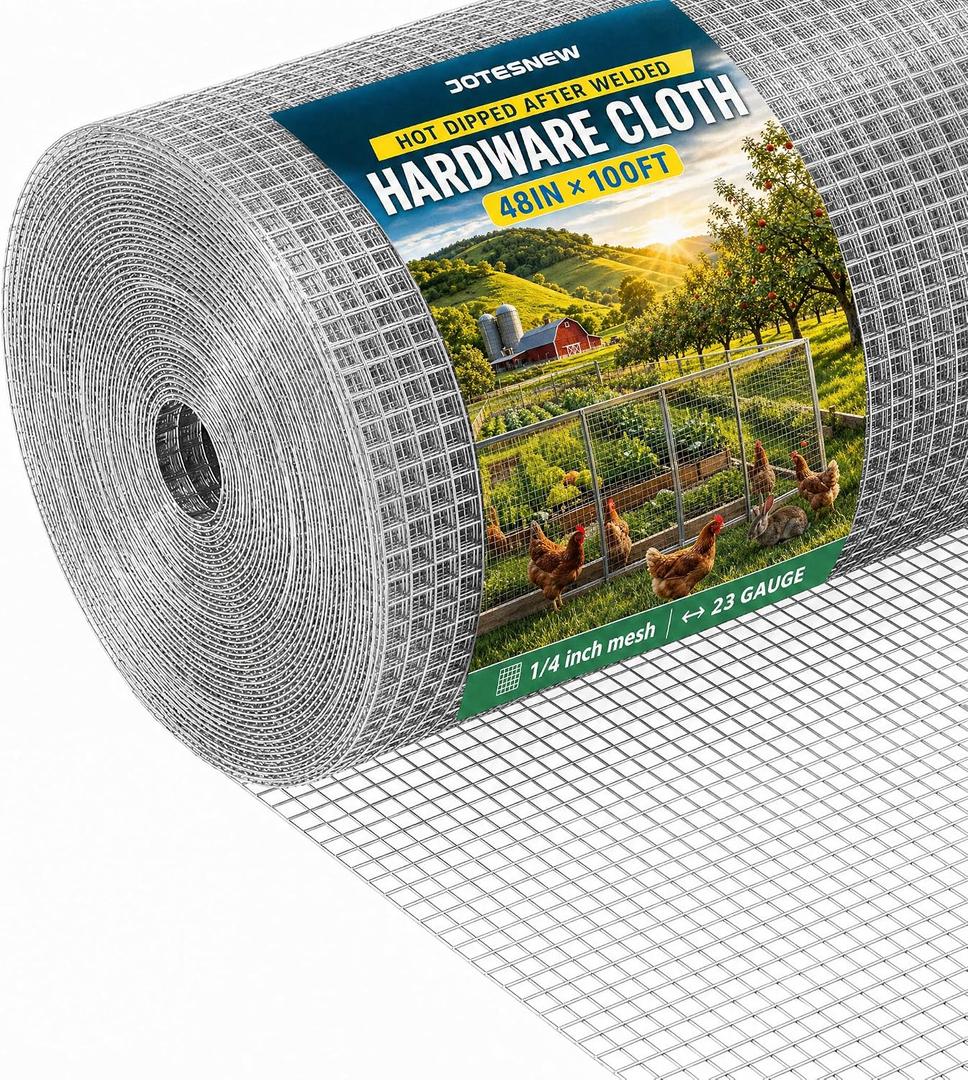 Jotesnew Galvanized Hardware Cloth 48in x 100ft, 1/4 inch Silver Hot Dipped Galvanized Welded Cage Wire Mesh, 23Gauge Wire Mesh Roll for Gardens, Chicken Coops & Poultry Netting Cage Fence