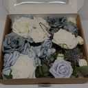 Ling's Moment Fake Flowers Box, Faux Artificial Plants Stems Foam Roses Silk Greenery for Wedding Decor Centerpieces Table Decorations Floral Arrangements, Dusty Blue & White, Grand Combo (Blu-dusty Blue & White)