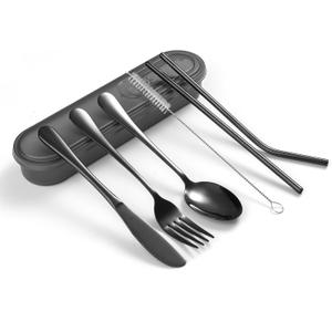 Portable Utensils Set with Case, 4pcs Stainless Steel Reusable Silverware for Lunch Camping School Picnic Workplace, Lunch Box Includes Fork Spoon Knife, Easy to clean, Dishwasher Safe (Gray)