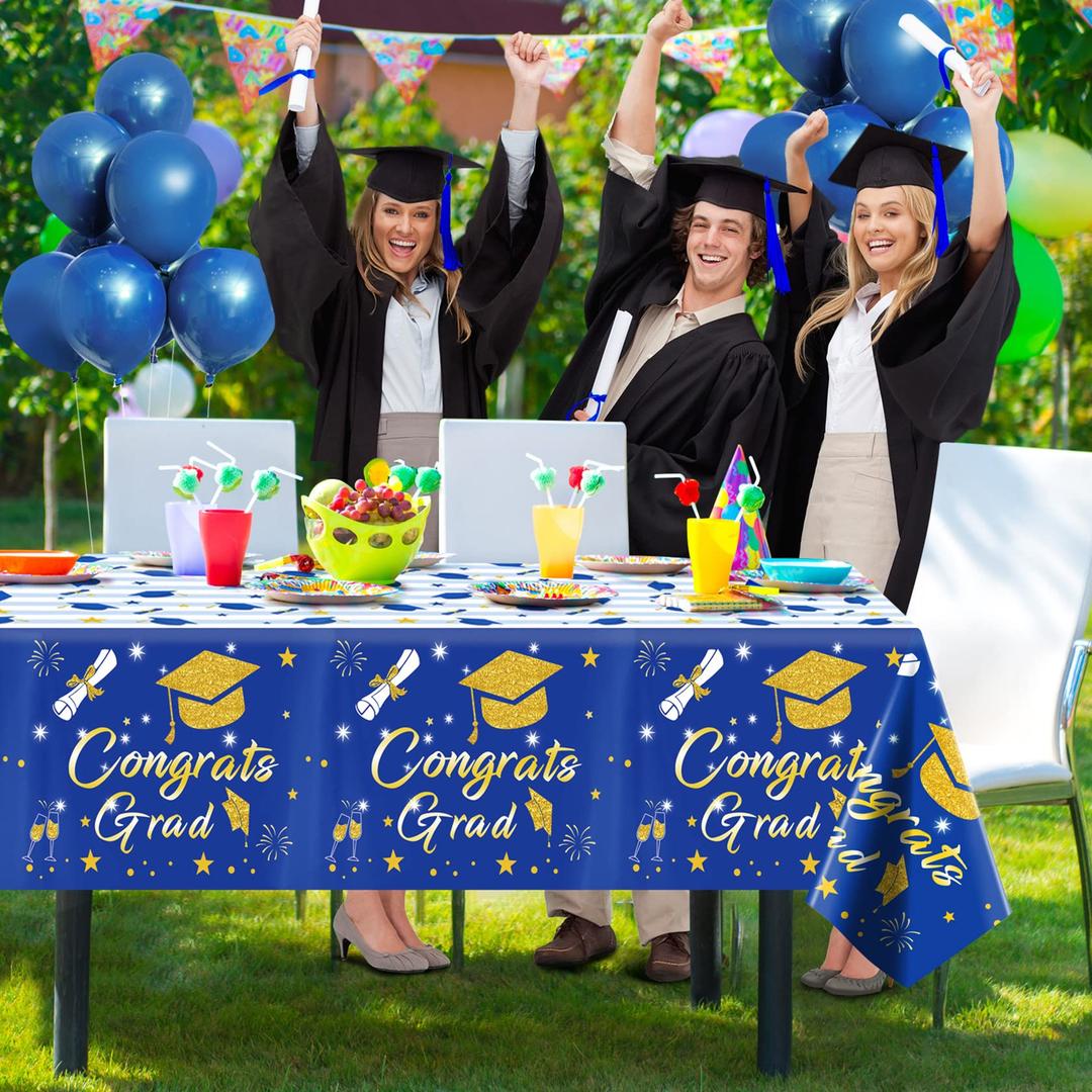 HOUSE OF PARTY Graduation Tablecloth 3PCS | 54"x108" Blue Congrats Grad Tablecloths | Grad Tablecloth Class of 2025 | Party Table Cover Fireworks Design for Table Decorations