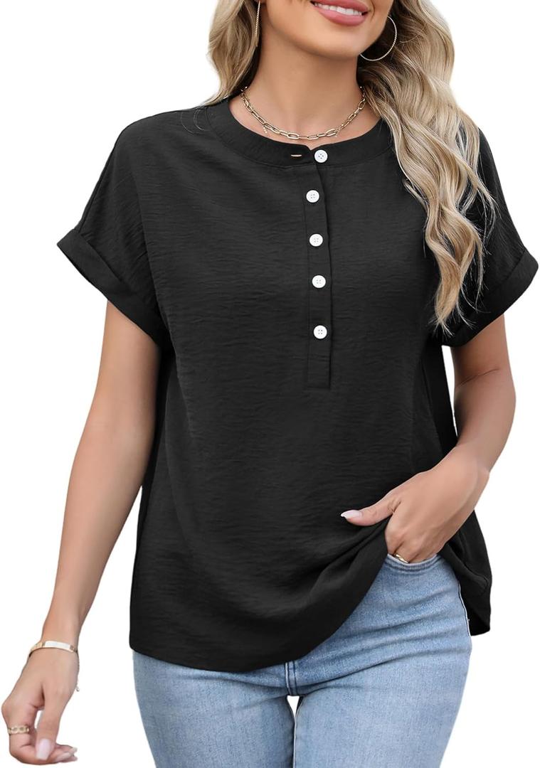 Deer Lady Summer Tops for Women 2025 Trendy Short Sleeve Loose T Shirs Dressy Casual Button Up Crew Neck Henley Blouses Top (Large, Black)