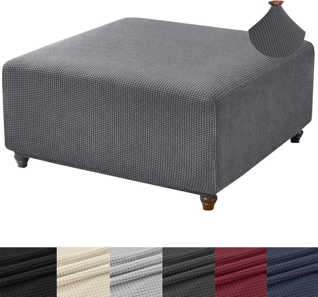 ANWUCHEN Knitted Jacquard Square Ottoman Cover - Thick Storage & Soft Slipcover - Elastic Bottom - Dark Gray (Medium)