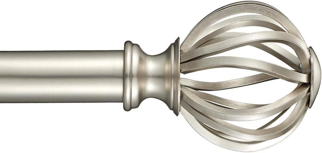 YunNephele Adjustable Curtain Rod for Window 72-144 inch Nickel Brushed, 1 inch Diameter Metal Single Curtain Rod Set with Round Cage Finials