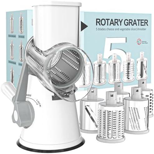 Cambom 5 in 1 Rotary Cheese Grater Hand Crank Cheese Shredder for Fresh Cheese, Vegetable, Nuts, Non-slip Suction Base, Five Blades, White
