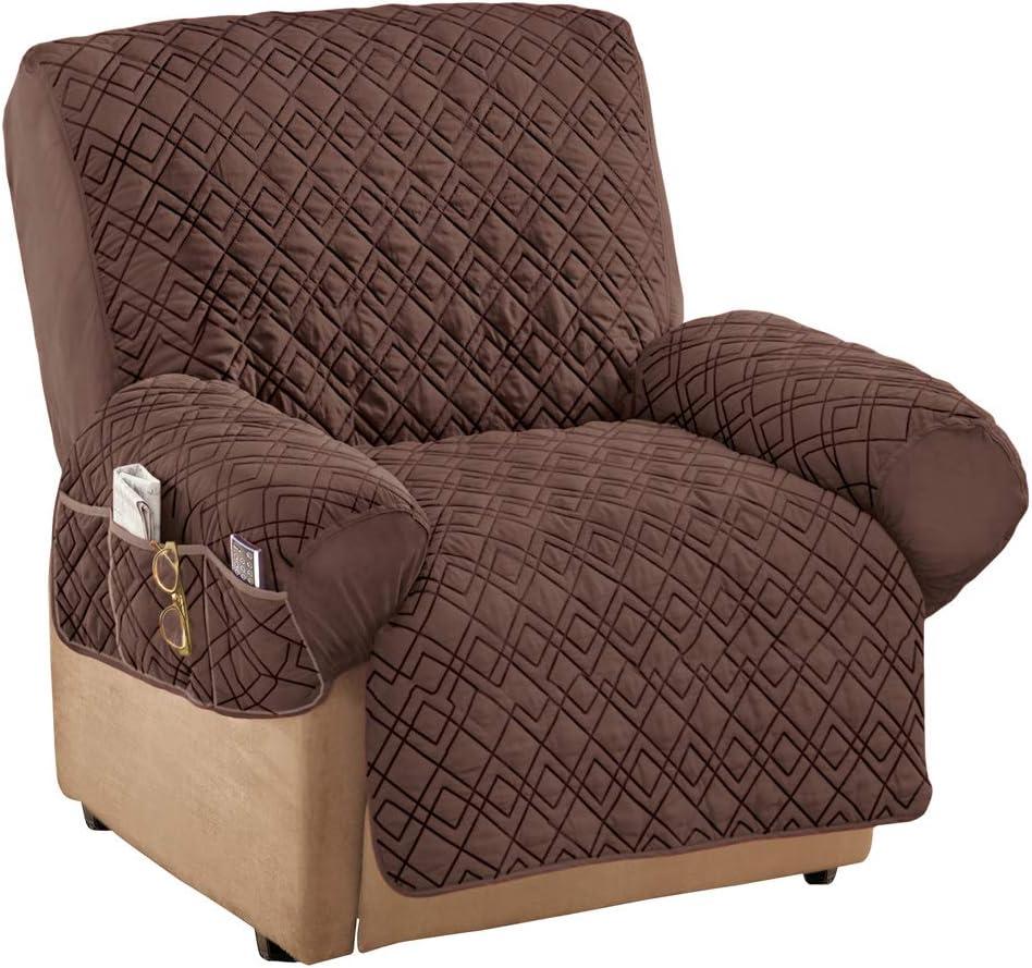 Collections Etc Diamond-Shape Quilted Stretch Recliner Cover with Storage Pockets and Elastic Straps - Furniture Protector, Chocolate, Recliner