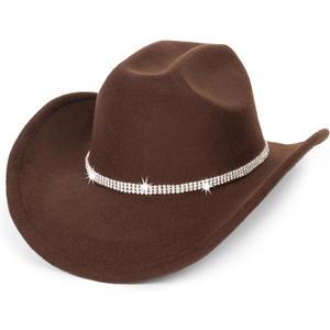 Unisex Western Felt Cowboy Hats - Classic Roll Up Brown Cowgirl Wide Brim Fedoras Hat with Shiny Rhinestones Band (Medium, Coffee)