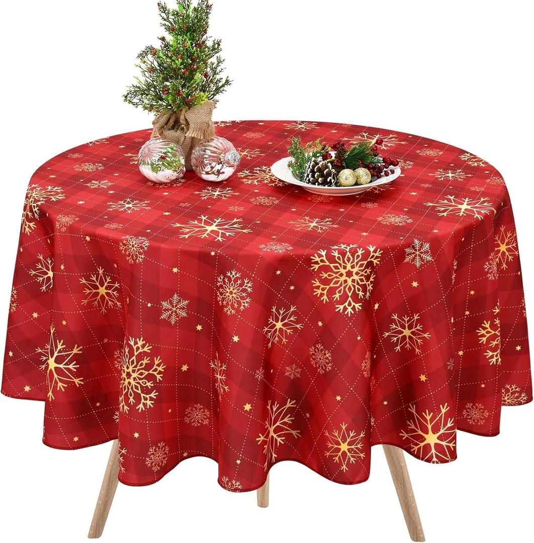 Likiyol Christmas Tablecloth 60 Inch Round, Gold Snowflake & Red Buffalo Plaid Table Cover for Winter, Waterproof for Kitchen & Dining, Holiday