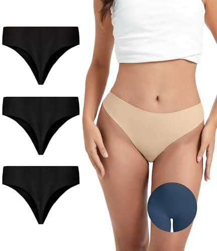 OVRUNS Seamless Thongs for Women 3 Pack No Show Thong underwear High Waist Invisible Panty Liners Workout G-String, Size M