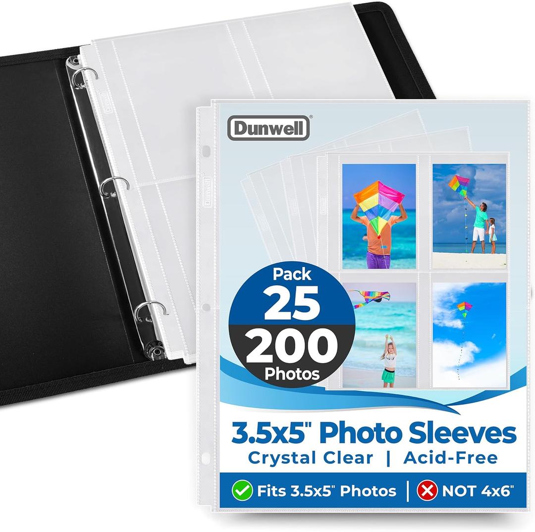 Dunwell 3.5x5 Photo Sleeves for 3-Ring Binder (3.5x5 Size Only), 25 Pack Album Refill Pages for 200 Pictures, Acid-Free Top-Loading, 8 Per Sheet, Holds Seed Packets & 3x5 Index Cards