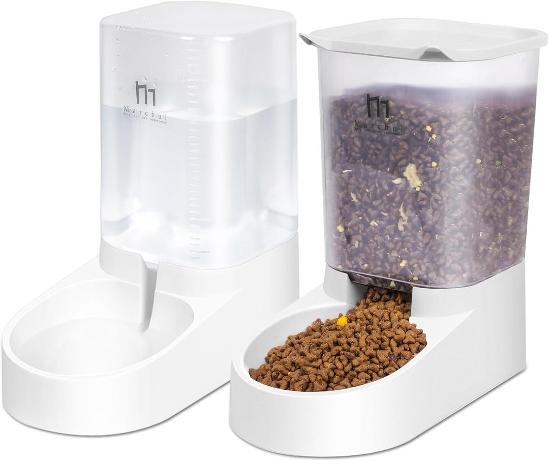 Marchul Dog Feeder, Gravity Cat Feeder and Water Dispenser Set, Automatic Pet Food Bowl and Waterer Large Capacity for Small Medium Pets Puppy Kitten Rabbit, 1 Gallon
