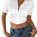 Lovely Wholesale Women Sexy Button Down Shirts Summer Collar V Neck Short Sleeve Crop Tops (White, XL)