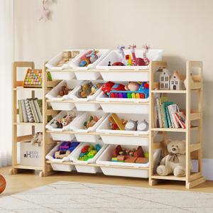 EXPERLAM Extra Large Toy Storage - Toy Storage Organizer, Wooden Toy Organizer with 6 Side Shelves and 12 Bins, 3-in-1 Bookshelf for Kids Rooms, Playroom, Nursery, White, 52 inches x 11 inches x 31.5 inches