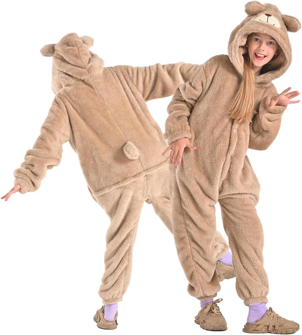 Bearhug Wearable Blanket Hoodie for Kids Soft Cozy Fleece Bear Costume Animal Onesies Pajamas Halloween Christmas Cosplay Costume for Girls Boys S (S: for 51-55 Inch Height, Brown)