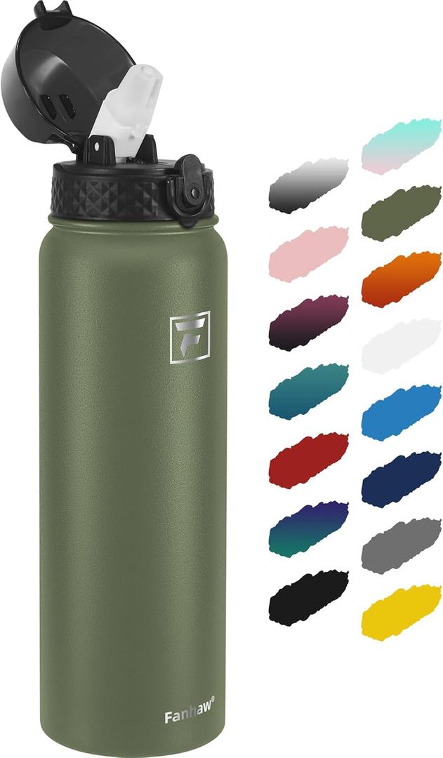 Fanhaw 32 oz Insulated Stainless Steel Water Bottle with Straw Lid, Leakproof Sports Bottle for Men, Women & Teens (Olive Green)