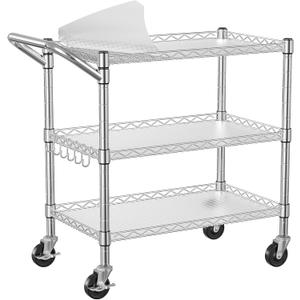 NTE 3 Tier Heavy Duty Rolling Utility Cart on Wheels, 990Lbs Capacity Rolling Wire Cart, Kitchen Carts on Wheels, NSF Commercial Metal Serving Cart with Handle and Shelf Liners for Kitchen, Restaurant, 18.1 x 30.3 x 32.6 inches