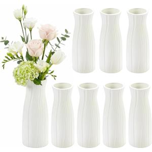 Qinyoung White Ceramic Bud Vase Set of 8, 8'' Small White Flower Vase for Centerpieces Floral Decor for Wedding Party Dining Table Home Decoration(Trendy)
