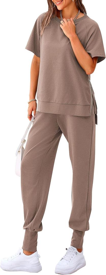 PRETTYGARDEN Women's Summer 2 Piece Outfit Tracksuits Casual Short Sleeve Tops High Waisted Sweatpants Set (Khaki,Medium)