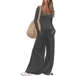 UNIANKIYA One Piece Jumpsuits for Women Casual Long Sleeve Overalls Dressy Rompers Wide Leg Pants Jumpers Vacation Outfits (Gray, S)