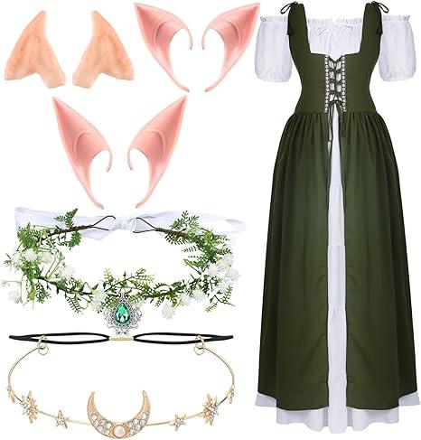 Bonuci 6 Pcs Women Renaissance Costume Fairy Dress Medieval Costume with Elf Ears, Moon Head Chain and Woodland Fairy Crown, Light Green, S/M