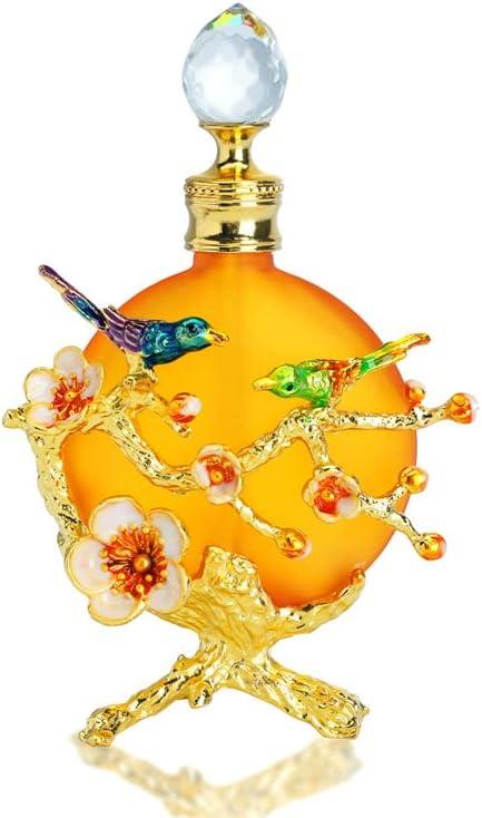 40ml Fancy Empty Glass Perfume Bottles Vintage Hummingbird Flower Decorative Refillable Crystal Perfume Bottle Containers (Yellow)