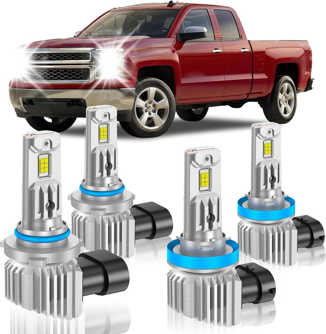 Fit for 2007-2015 Chevy Silverado 1500 2007-2019 2500HD 3500HD Light Bulbs, High/Low Beam Light Bulbs Combo, 800% Brightness CSP Chips, 6000K White, Efficient Heat Dissipation, Pack of 4