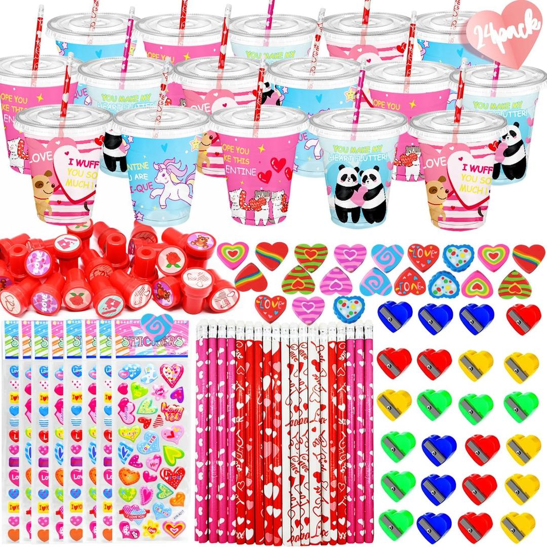 24 Pack Kids Stationery Set Classroom Rewards Party Favors Gift with Cups Pencils Erasers Stampers Stickers Greeting Cards, School Gift Exchange for Boys Girls
