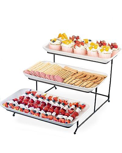 Delling Large 3 Tier Serving Tray Set, 16 Inch Porcelain Tiered Serving Trays Platters with Collapsible Serving Stand, Suitable for Dessert Table Display Set, Serving Dishes for Entertaining