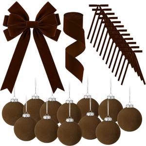 26 PCS Christmas Velvet Ornaments Decor Kit - Tree Toppers Bow, Ribbon, 12 Flocked Christmas Balls & 12 Vintage Bows for Brown Holiday Xmas Tree Decorations (Brown)